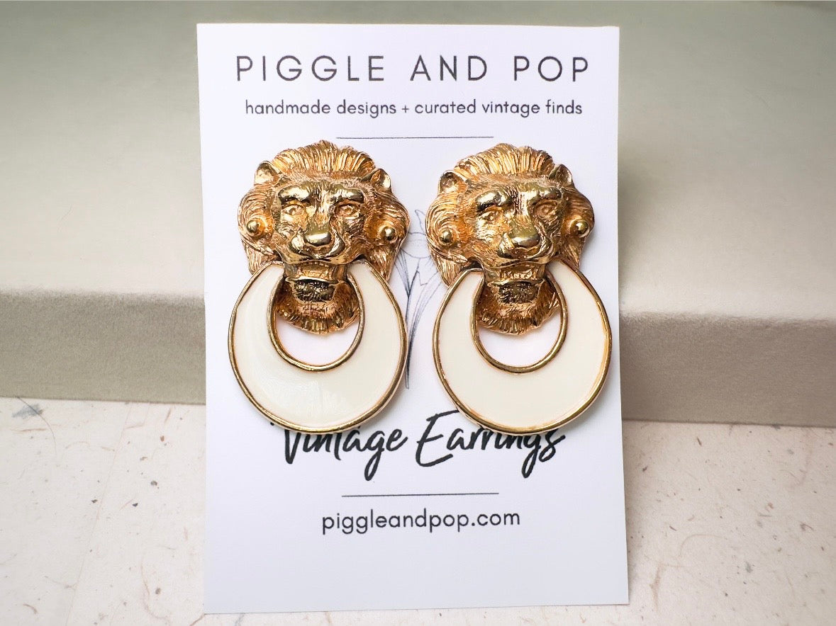 Vintage Lion Earrings, Huge Designer Vintage Gold Lion Door Knocker 1980s Earrings, Signed David Hill Cream Enamel Lion Clip On Earrings