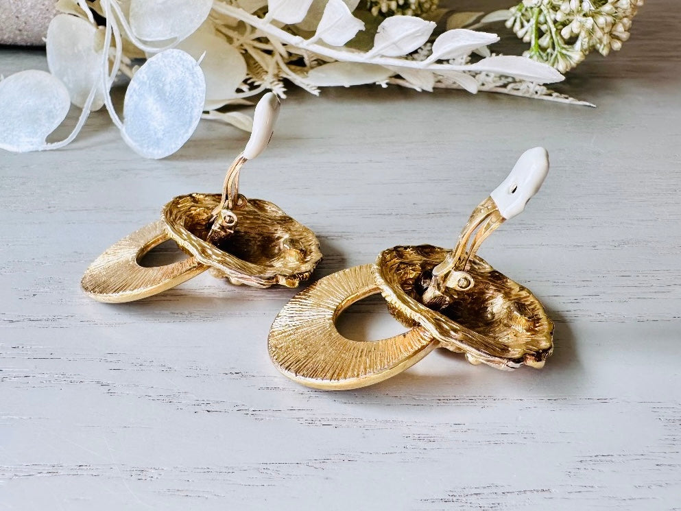 Vintage Lion Earrings, Huge Designer Vintage Gold Lion Door Knocker 1980s Earrings, Signed David Hill Cream Enamel Lion Clip On Earrings