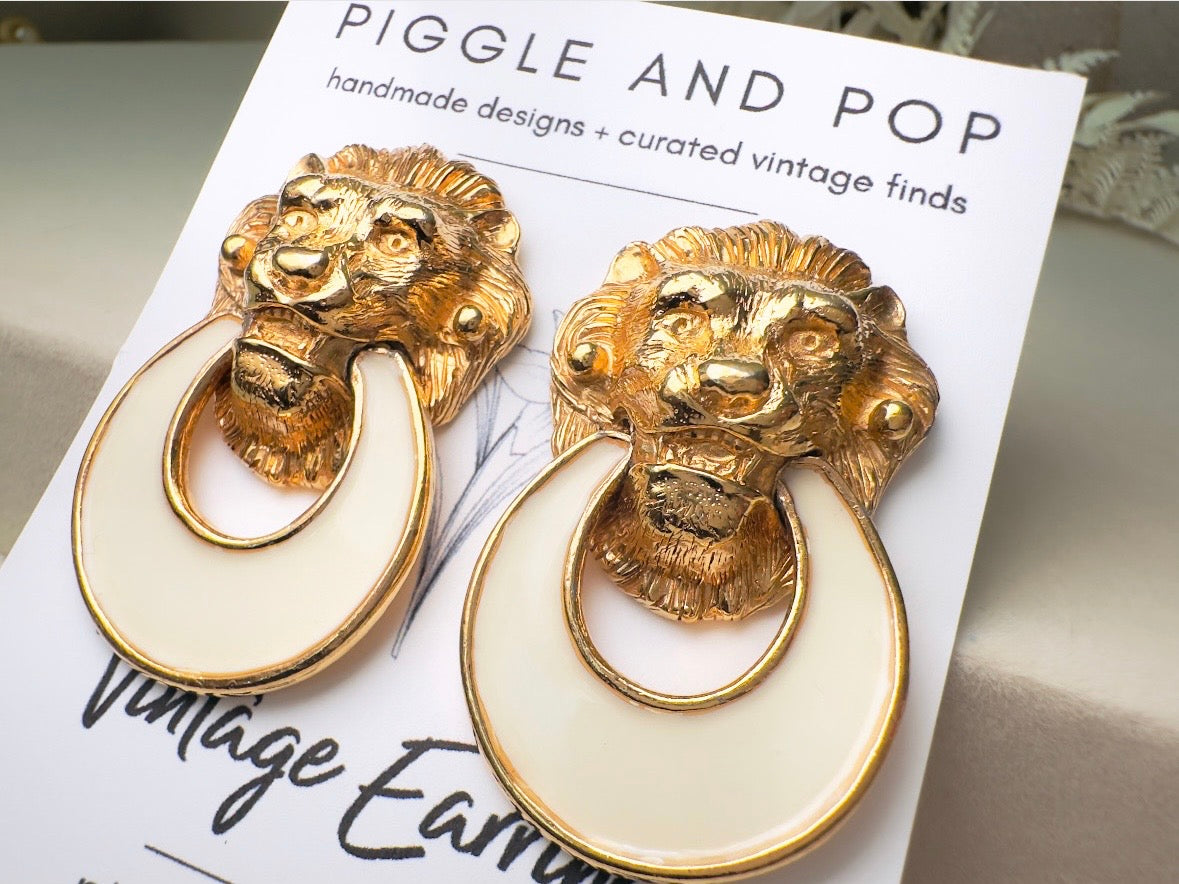 Vintage Lion Earrings, Huge Designer Vintage Gold Lion Door Knocker 1980s Earrings, Signed David Hill Cream Enamel Lion Clip On Earrings