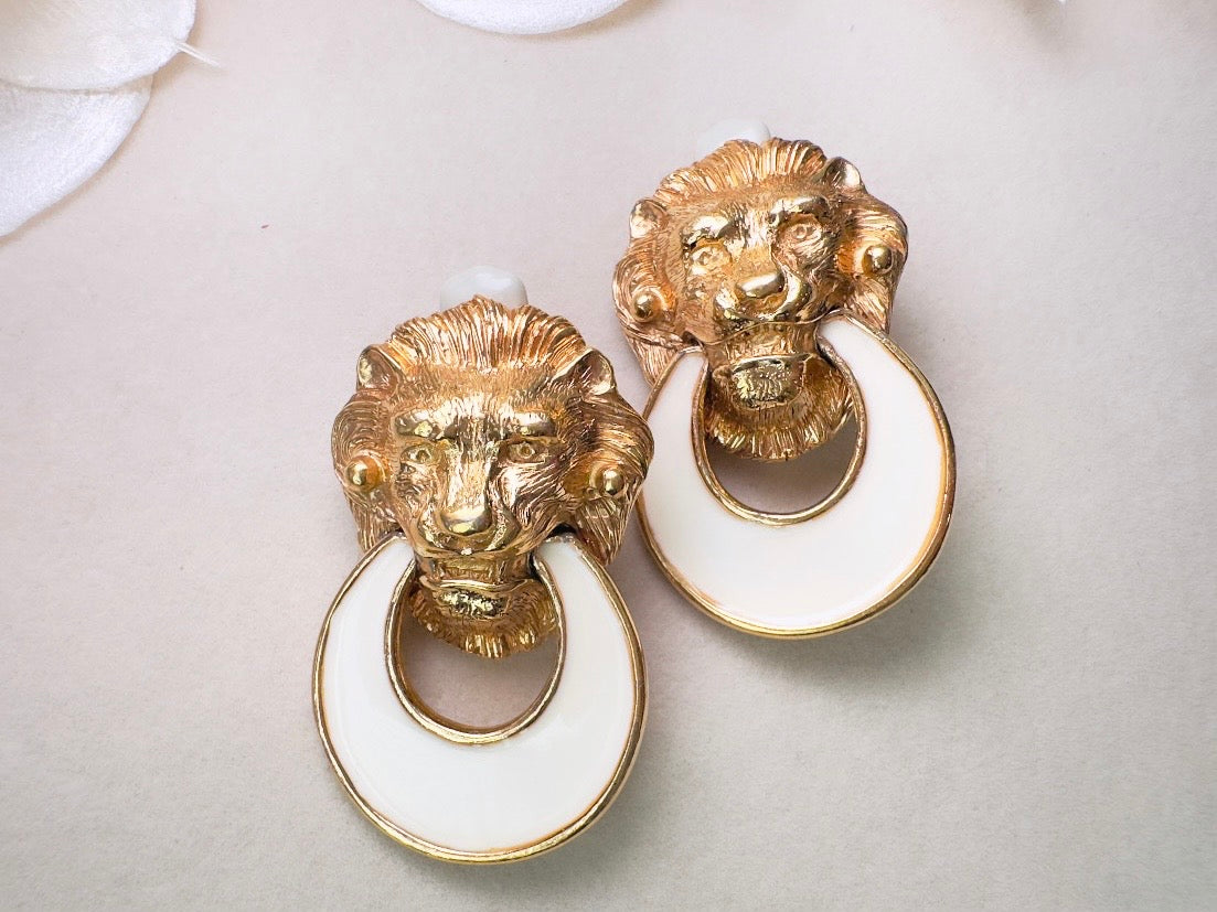 Vintage Lion Earrings, Huge Designer Vintage Gold Lion Door Knocker 1980s Earrings, Signed David Hill Cream Enamel Lion Clip On Earrings