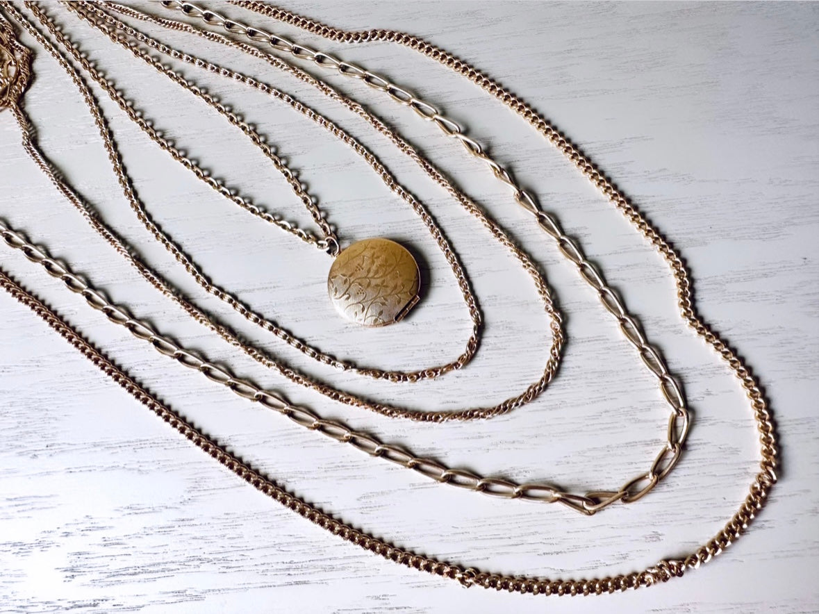 Vintage Locket 5 Strand Necklace, Multistrand Layered Look Chain Necklace, Antique Gold Victorian Revival Necklace, Boho Gold Locket Chain