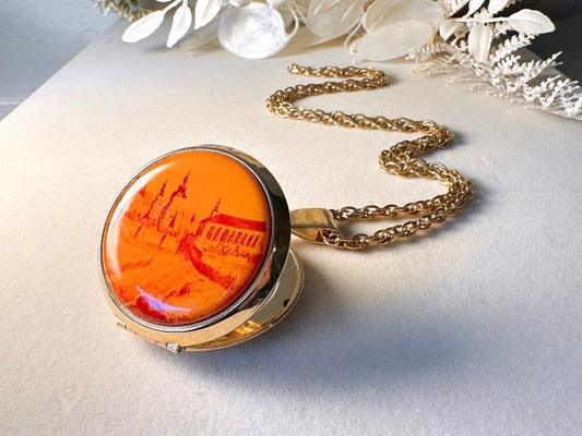 Vintage Locket Necklace, 1970s Victorian Revival Pendant Necklace with Red Orange City