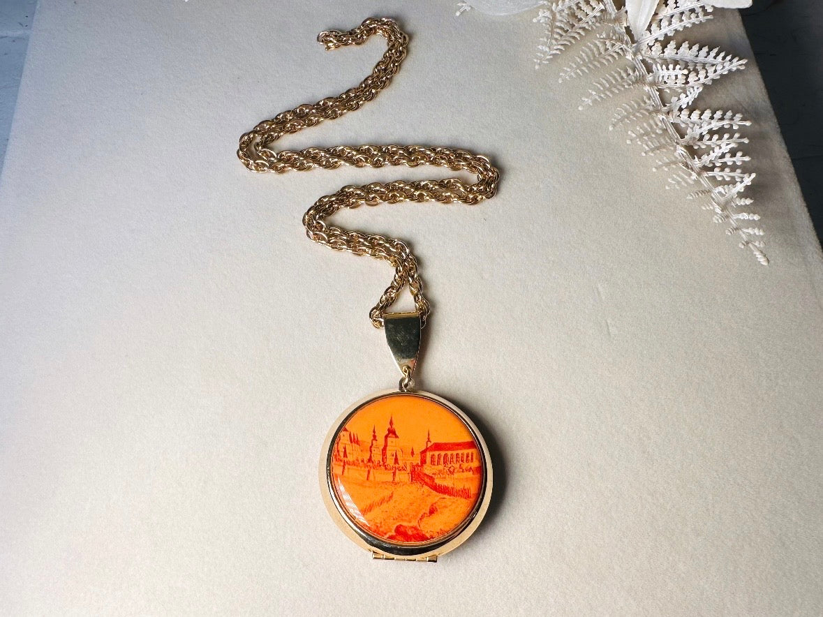 Vintage Locket Necklace, 1970s Victorian Revival Pendant Necklace with Red Orange City
