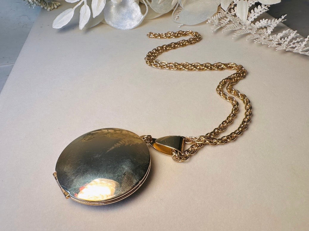 Vintage Locket Necklace, 1970s Victorian Revival Pendant Necklace with Red Orange City