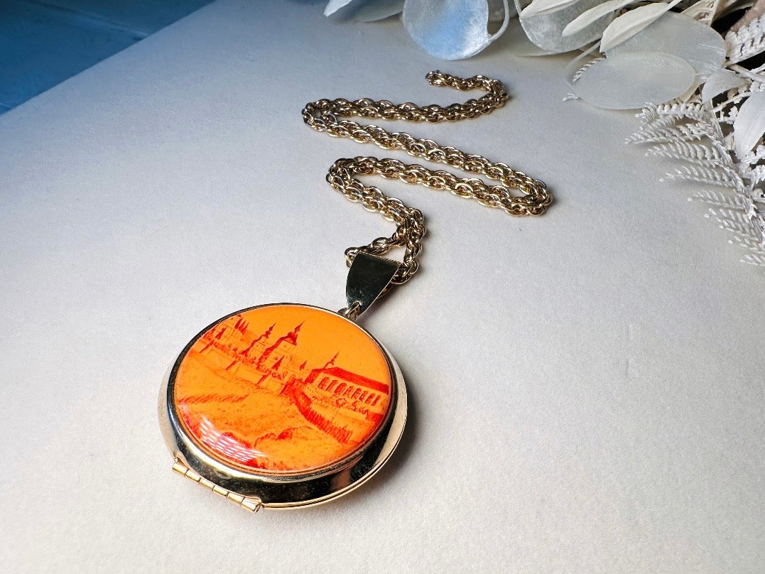 Vintage Locket Necklace, 1970s Victorian Revival Pendant Necklace with Red Orange City