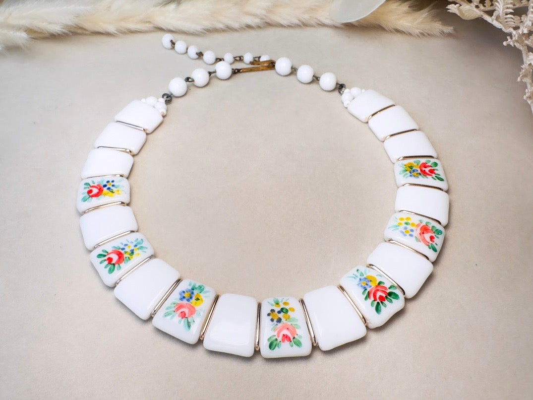 Vintage Milk Glass Choker, Romantic 1950s West German Collar Necklace with Hand Painted Flowers in Pink, Blue and Yellow