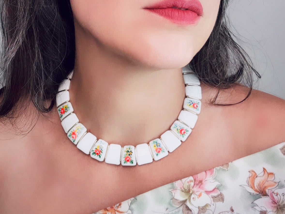 Vintage Milk Glass Choker, Romantic 1950s West German Collar Necklace with Hand Painted Flowers in Pink, Blue and Yellow