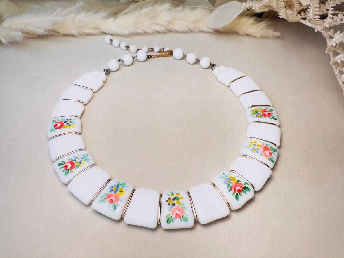 Vintage Milk Glass Choker, Romantic 1950s West German Collar Necklace with Hand Painted Flowers in Pink, Blue and Yellow