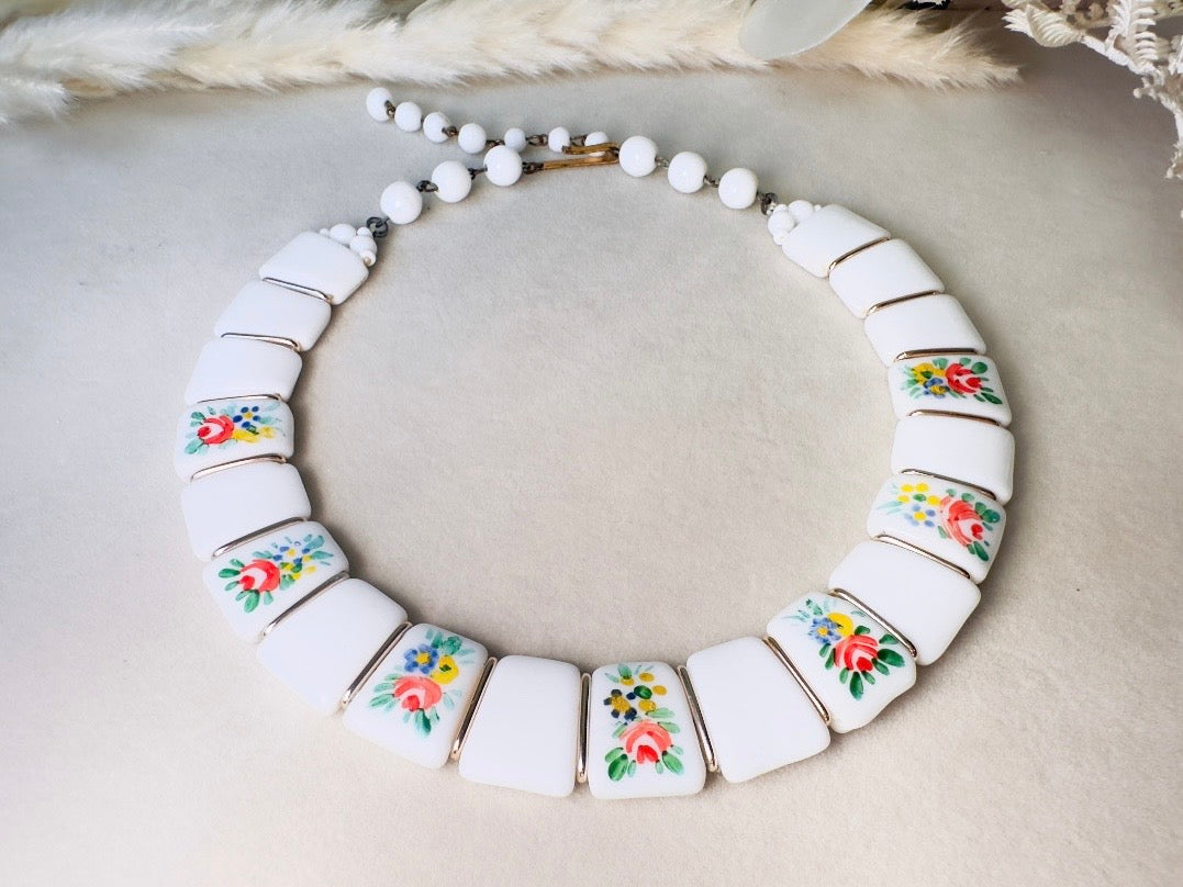 Vintage Milk Glass Choker, Romantic 1950s West German Collar Necklace with Hand Painted Flowers in Pink, Blue and Yellow