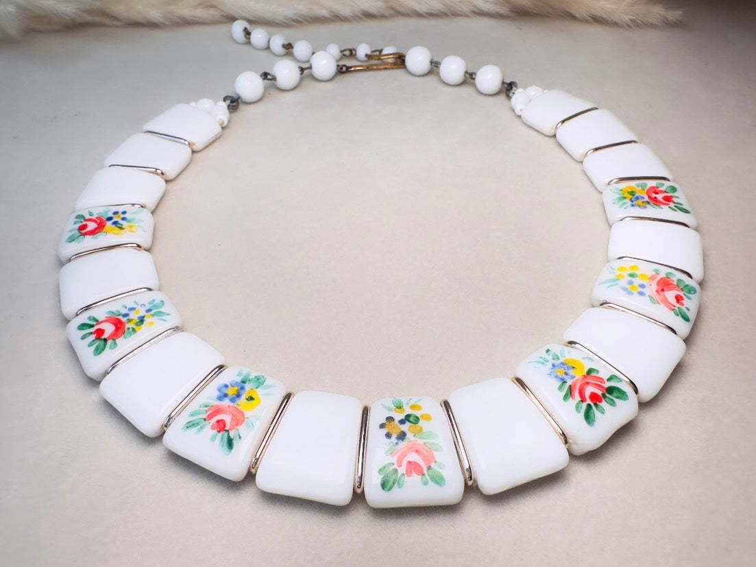 Vintage Milk Glass Choker, Romantic 1950s West German Collar Necklace with Hand Painted Flowers in Pink, Blue and Yellow