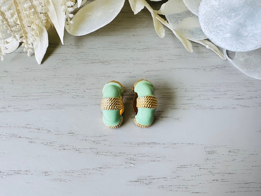 Vintage Mint Earrings, Signed Gay Boyer 80s Half Hoop Clip-On Earrings with Gold Rope Border