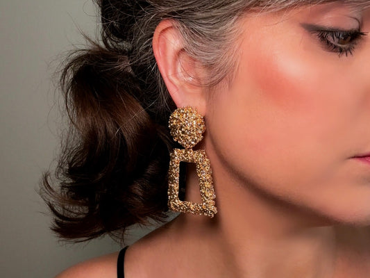 Vintage Molten Gold Floral Doorknocker Pierced Earrings modelled by bethan jayne 