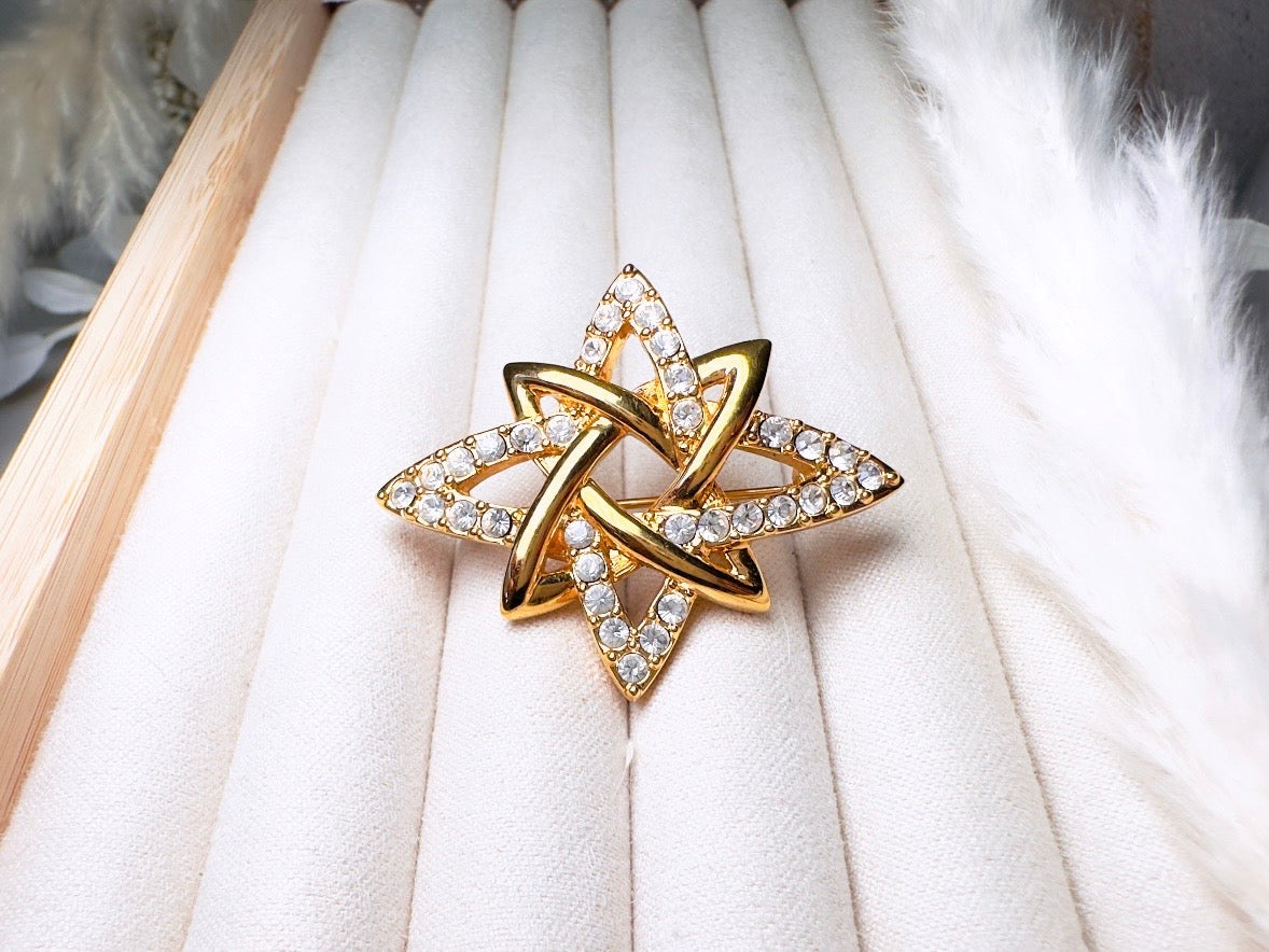 Vintage Monet Atomic Star Brooch, Designer Gold Pin with Rhinestone Crystals