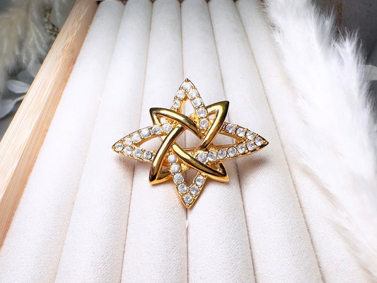 Vintage Monet Atomic Star Brooch, Designer Gold Pin with Rhinestone Crystals