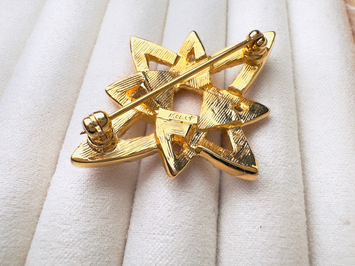 Vintage Monet Atomic Star Brooch, Designer Gold Pin with Rhinestone Crystals