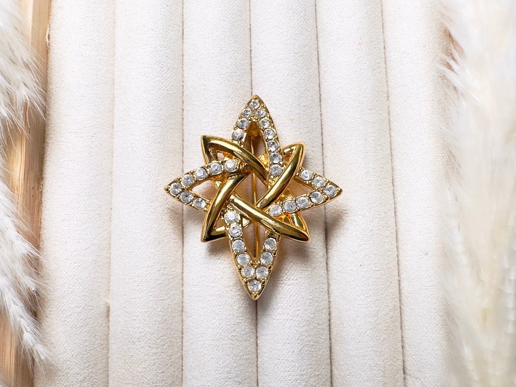 Vintage Monet Atomic Star Brooch, Designer Gold Pin with Rhinestone Crystals