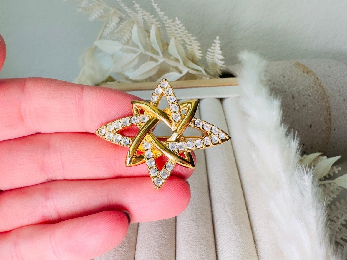 Vintage Monet Atomic Star Brooch, Designer Gold Pin with Rhinestone Crystals