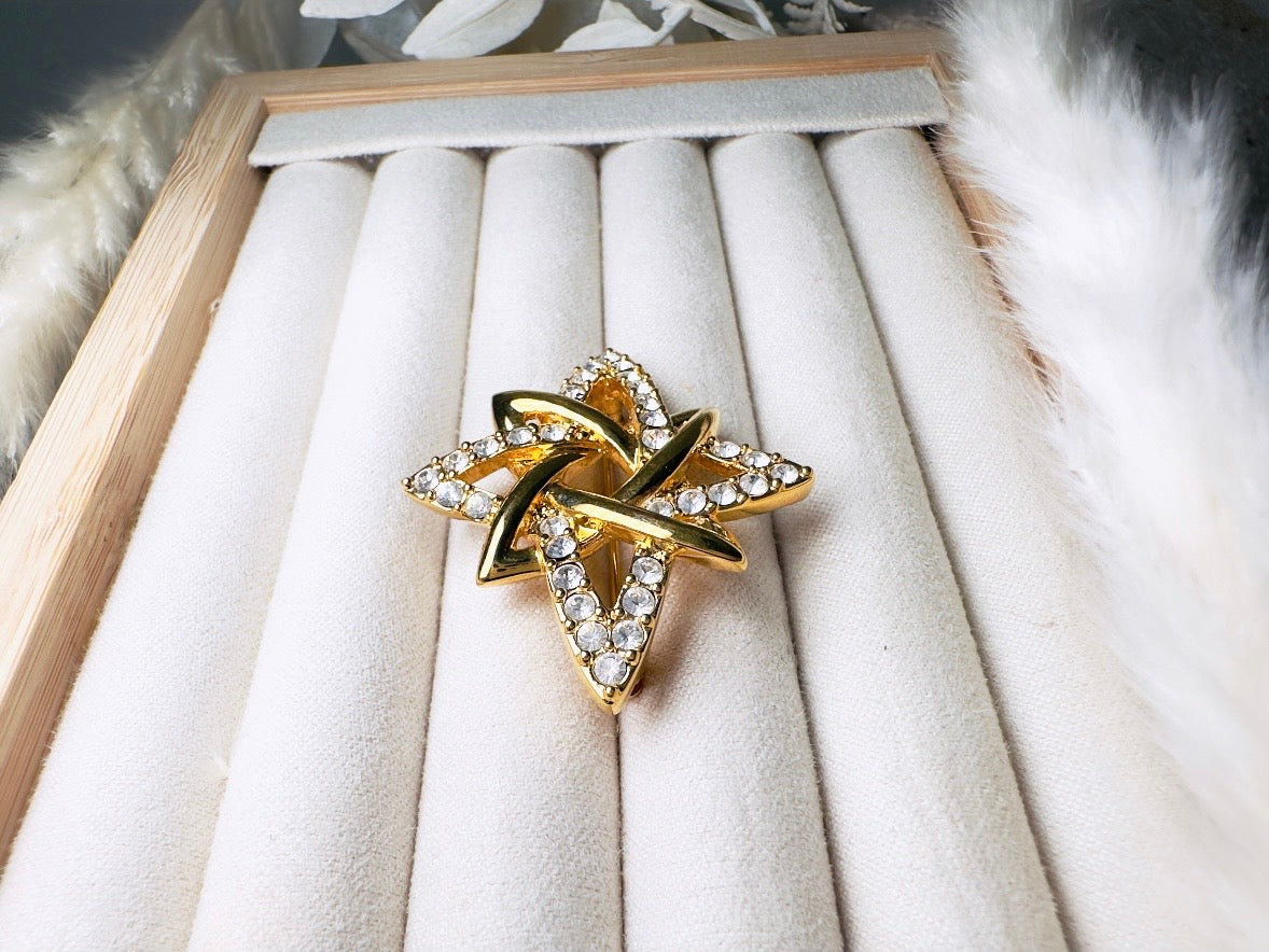Vintage Monet Atomic Star Brooch, Designer Gold Pin with Rhinestone Crystals