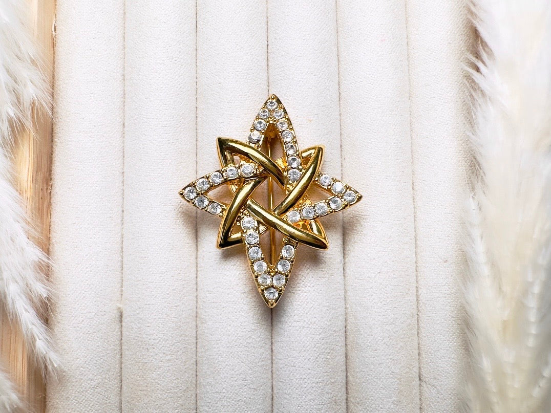 Vintage Monet Atomic Star Brooch, Designer Gold Pin with Rhinestone Crystals