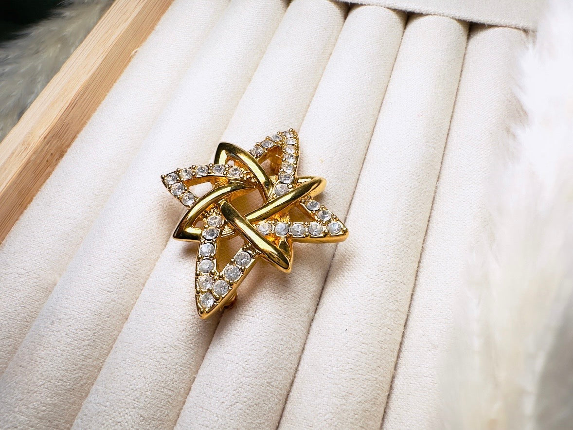 Vintage Monet Atomic Star Brooch, Designer Gold Pin with Rhinestone Crystals