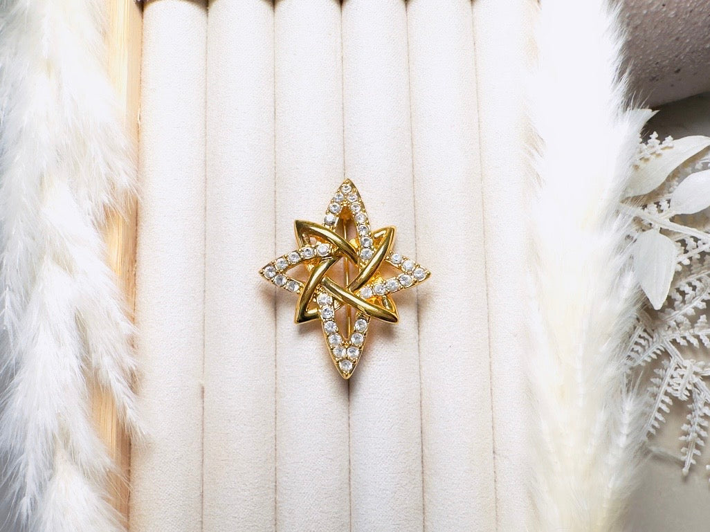 Vintage Monet Atomic Star Brooch, Designer Gold Pin with Rhinestone Crystals