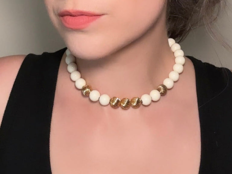 Vintage Monet Choker, Bisque White Round Beaded Necklace with Textured Gold Accent Beads, Classic Cream & Gold Signed Vintage Bead Necklace from Piggle and Pop