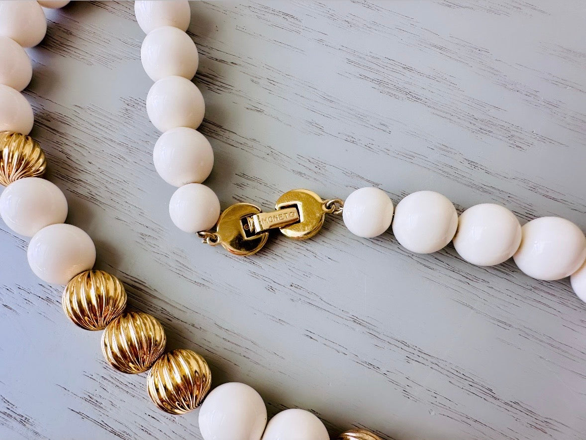 Vintage Monet Choker, Bisque White Round Beaded Necklace with Textured Gold Accent Beads, Classic Cream & Gold Signed Vintage Bead Necklace from Piggle and Pop