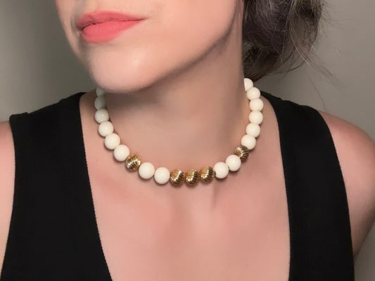 Vintage Monet Choker, Bisque White Round Beaded Necklace with Textured Gold Accent Beads, Classic Cream & Gold Signed Vintage Bead Necklace from Piggle and Pop