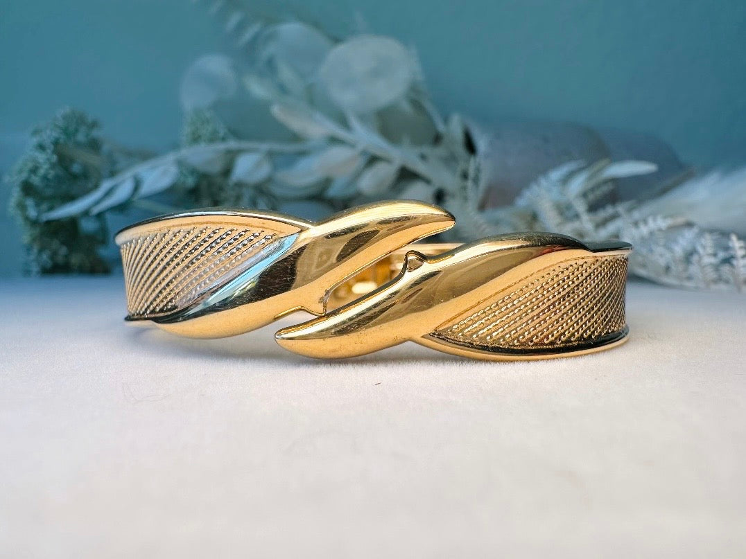 Vintage Monet Gold Bracelet, 1970s Small Gold Hinged Clamper Bracelet