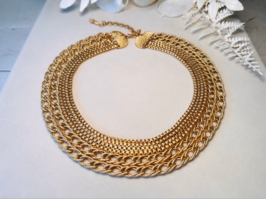Vintage Monet Multistrand Gold Chain Necklace, Bold Etruscan Six Strand Chunky Gold Cleopatra Choker,
