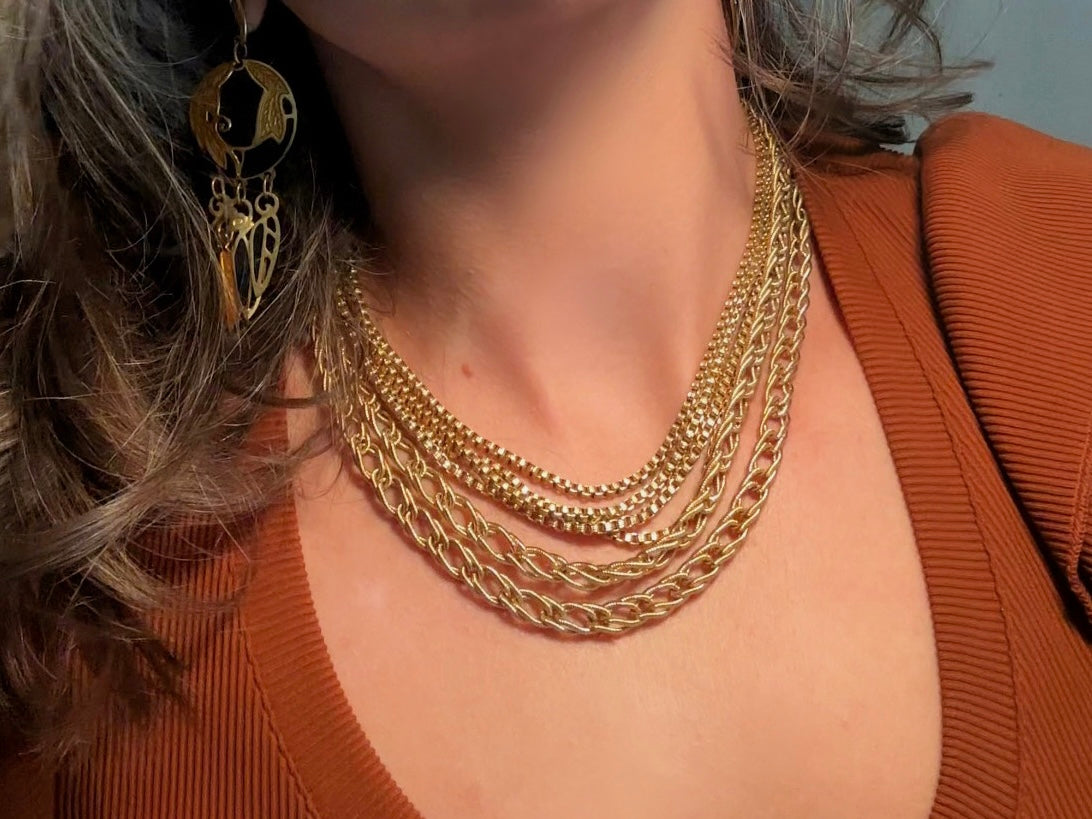 Vintage Monet Multistrand Gold Chain Necklace, Bold Etruscan Six Strand Chunky Gold Cleopatra Choker,
