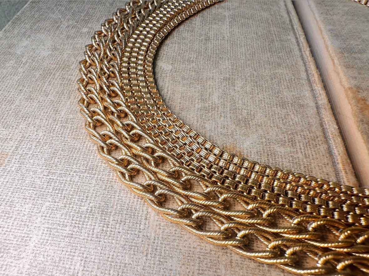 Vintage Monet Multistrand Gold Chain Necklace, Bold Etruscan Six Strand Chunky Gold Cleopatra Choker,