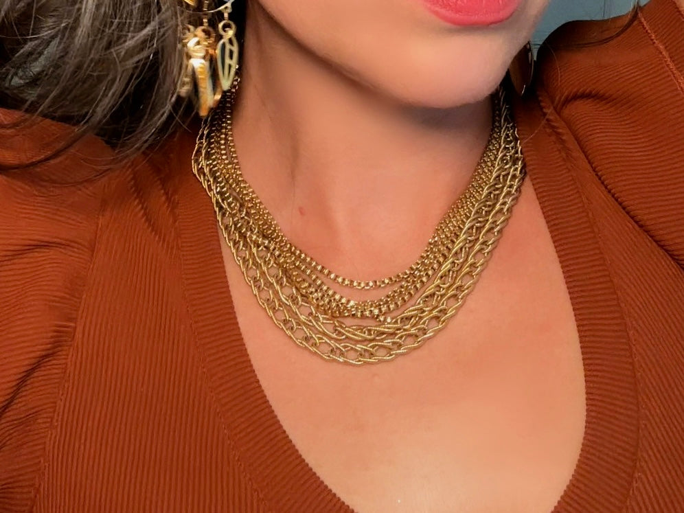 Vintage Monet Multistrand Gold Chain Necklace, Bold Etruscan Six Strand Chunky Gold Cleopatra Choker,