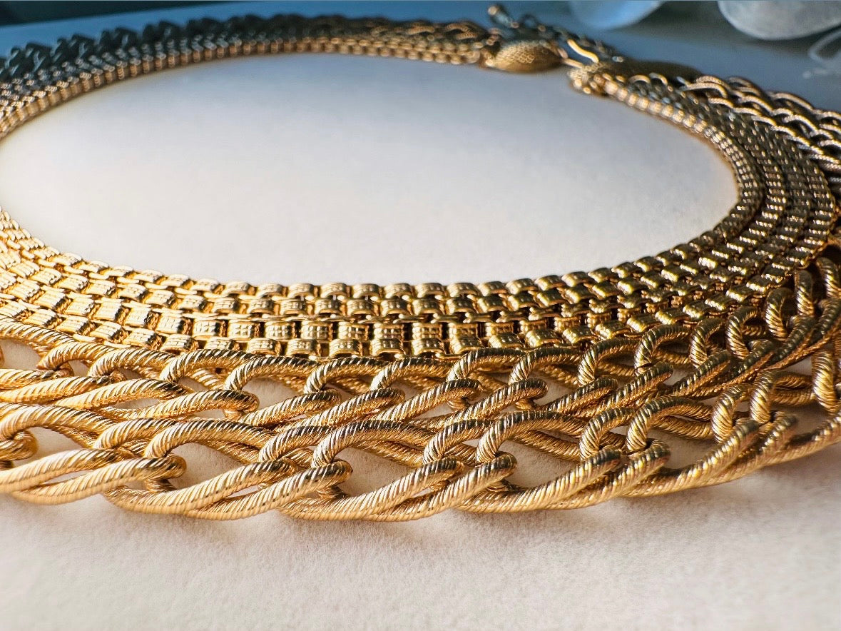 Vintage Monet Multistrand Gold Chain Necklace, Bold Etruscan Six Strand Chunky Gold Cleopatra Choker,