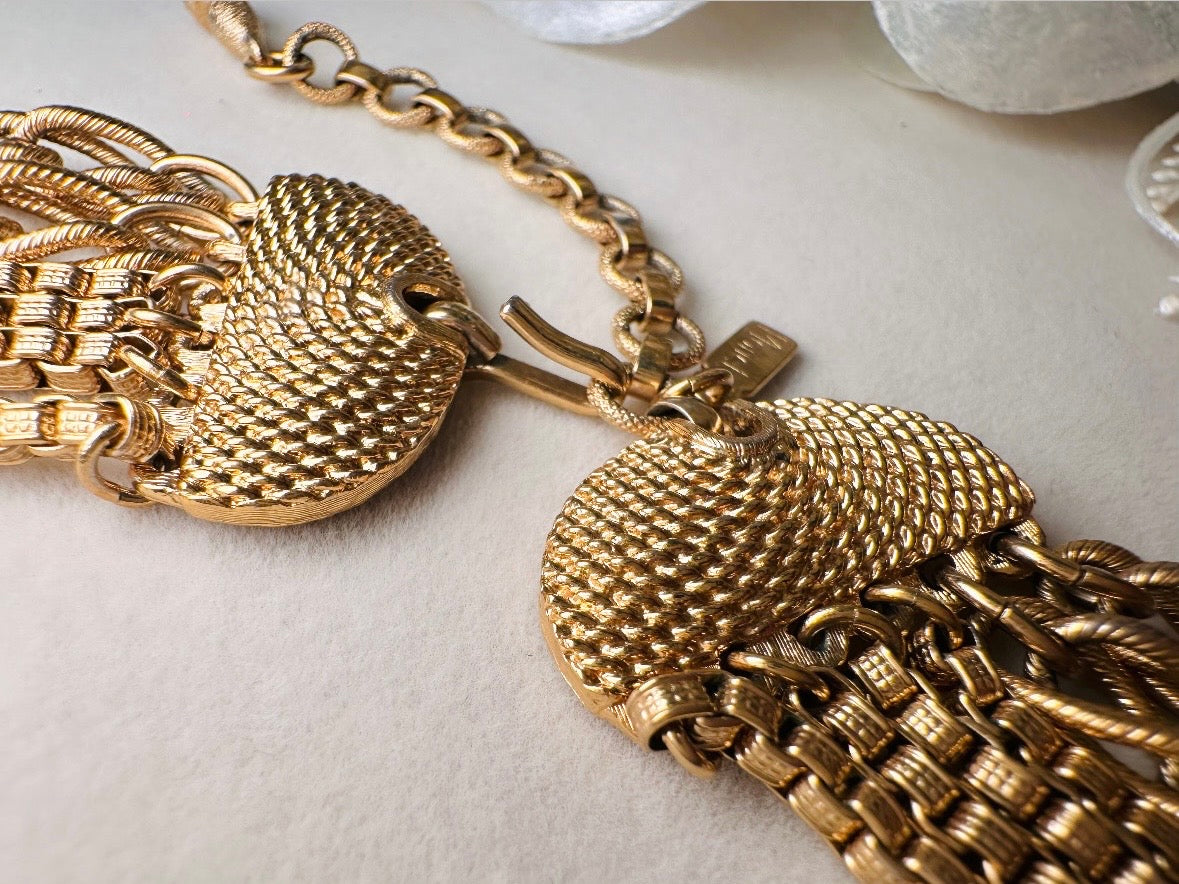 Vintage Monet Multistrand Gold Chain Necklace, Bold Etruscan Six Strand Chunky Gold Cleopatra Choker,