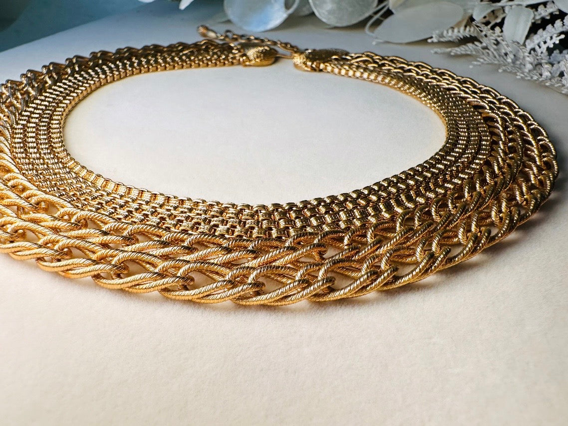 Vintage Monet Multistrand Gold Chain Necklace, Bold Etruscan Six Strand Chunky Gold Cleopatra Choker,