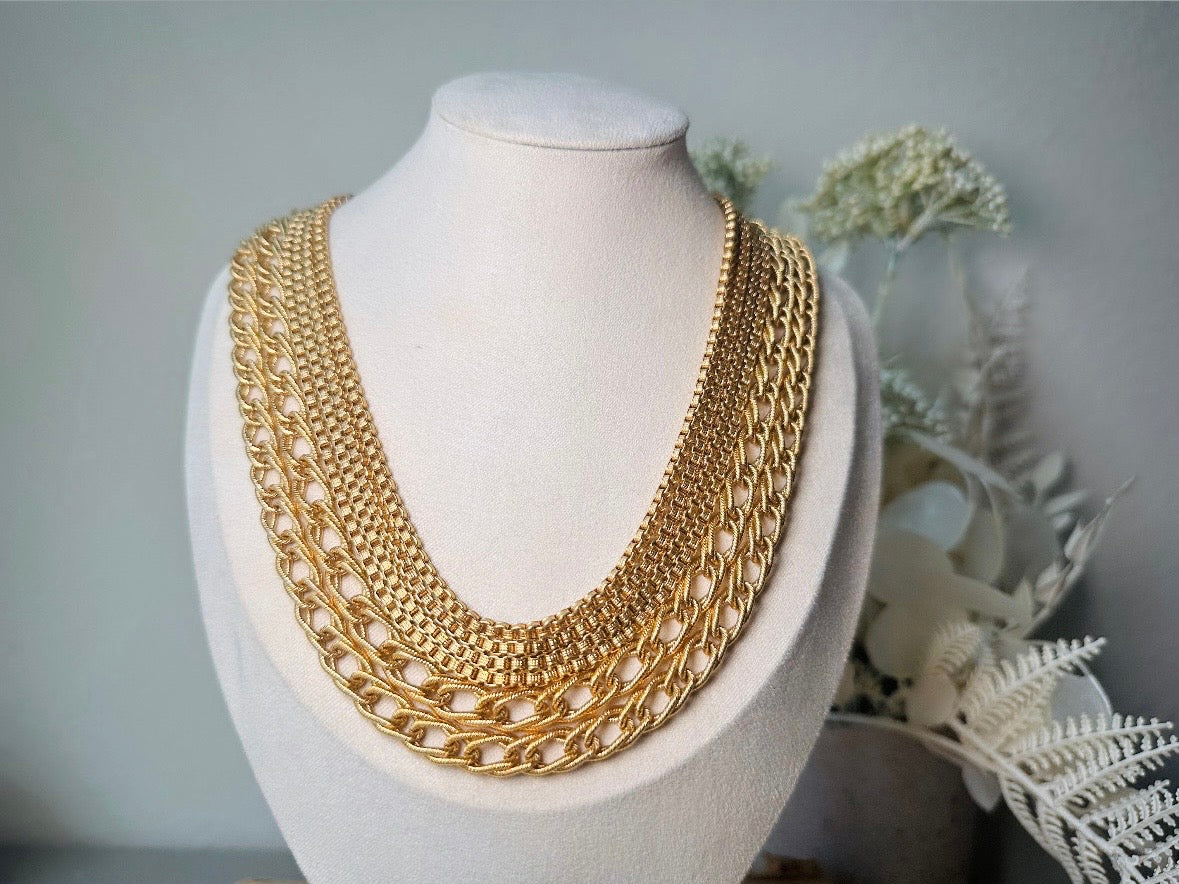 Vintage Monet Multistrand Gold Chain Necklace, Bold Etruscan Six Strand Chunky Gold Cleopatra Choker,