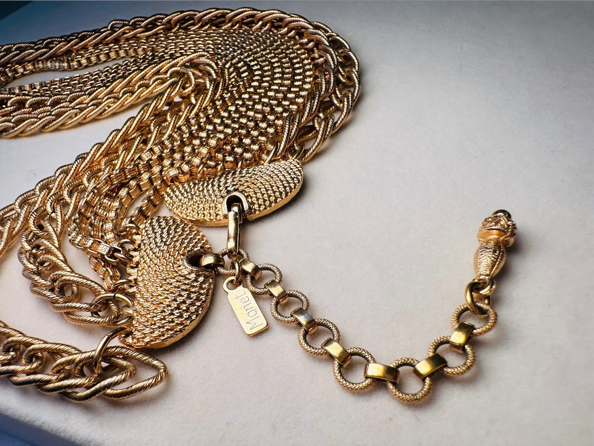 Vintage Monet Multistrand Gold Chain Necklace, Bold Etruscan Six Strand Chunky Gold Cleopatra Choker,