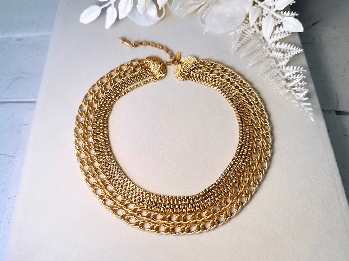 Vintage Monet Multistrand Gold Chain Necklace, Bold Etruscan Six Strand Chunky Gold Cleopatra Choker,