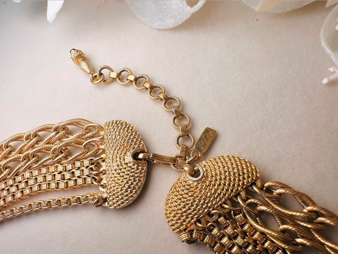 Vintage Monet Multistrand Gold Chain Necklace, Bold Etruscan Six Strand Chunky Gold Cleopatra Choker,