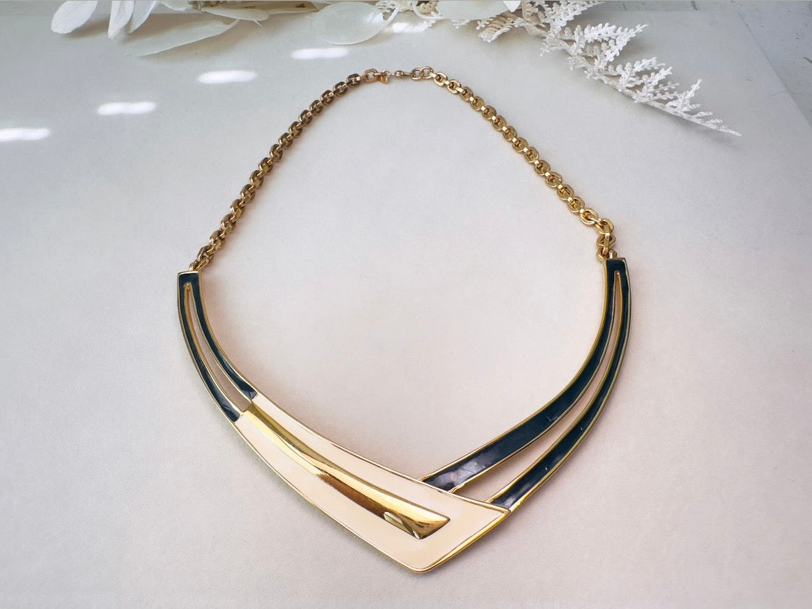 Vintage Monet Necklace, Navy Cream and Gold Enamel Crescent Pendant Choker Necklace