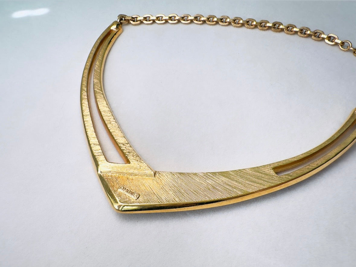 Vintage Monet Necklace, Navy Cream and Gold Enamel Crescent Pendant Choker Necklace