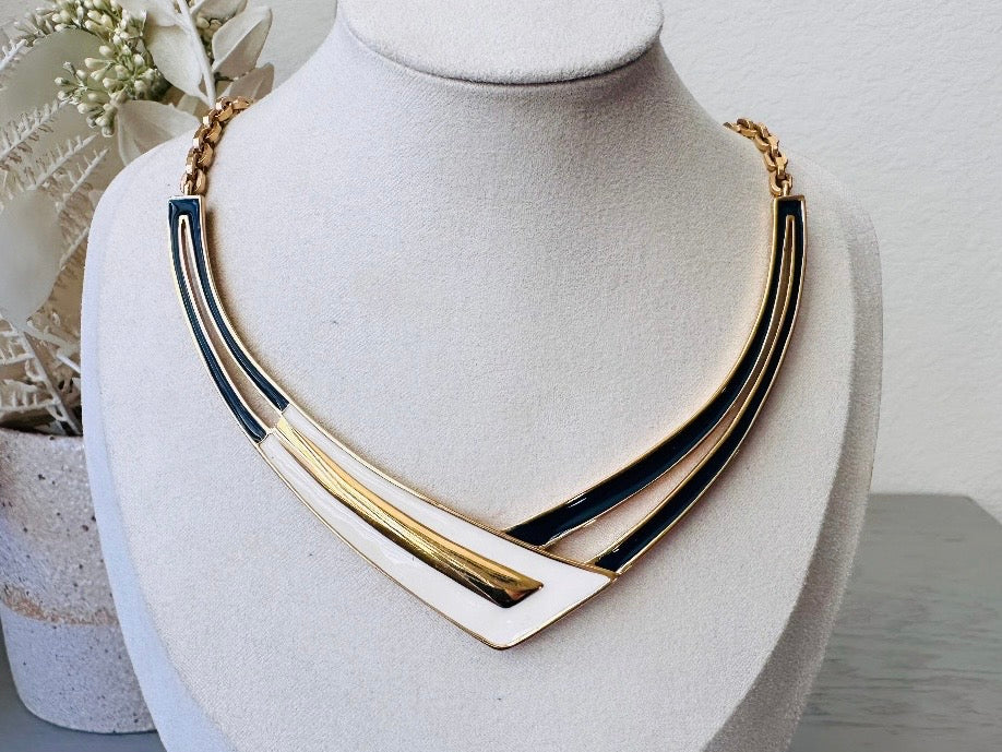 Vintage Monet Necklace, Navy Cream and Gold Enamel Crescent Pendant Choker Necklace