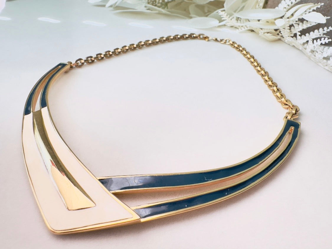 Vintage Monet Necklace, Navy Cream and Gold Enamel Crescent Pendant Choker Necklace