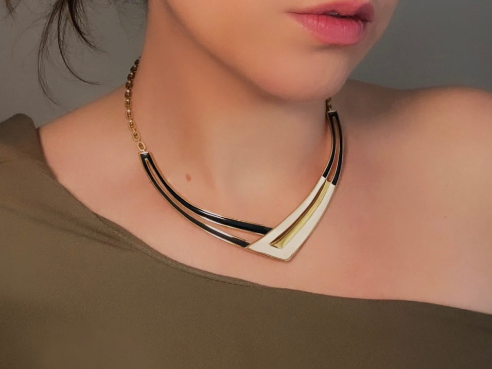 Vintage Monet Necklace, Navy Cream and Gold Enamel Crescent Pendant Choker Necklace