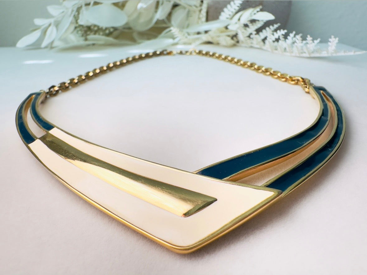 Vintage Monet Necklace, Navy Cream and Gold Enamel Crescent Pendant Choker Necklace