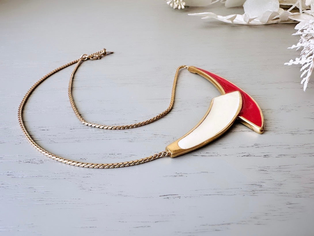 Vintage Monet Necklace in Red and Cream, Classic 80s Enamel Choker, Enameled Slinky Gold Collar Necklace, Monet 80's Geometric Bar Necklace by Piggle and Pop