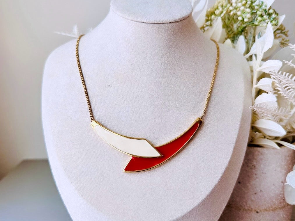 Vintage Monet Necklace in Red and Cream, Classic 80s Enamel Choker, Enameled Slinky Gold Collar Necklace, Monet 80's Geometric Bar Necklace by Piggle and Pop