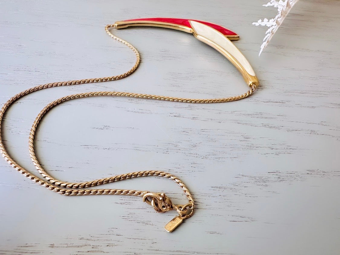 Vintage Monet Necklace in Red and Cream, Classic 80s Enamel Choker, Enameled Slinky Gold Collar Necklace, Monet 80's Geometric Bar Necklace by Piggle and Pop