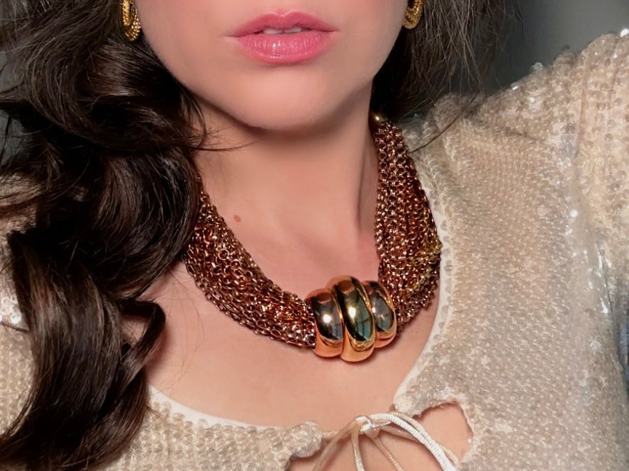 Vintage Monet Torsade Necklace, Mixed Metals Multi-strand Statement Necklace modelled by Bethan Jayne 